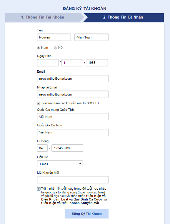 Sbobet thông tin cá nhân