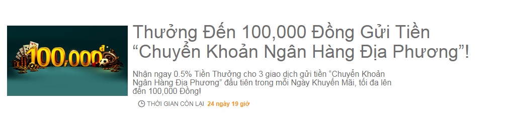 Gửi tiền chuyển khoản ngân hàng, nhận 100.000 VND từ nhà cái 188bet